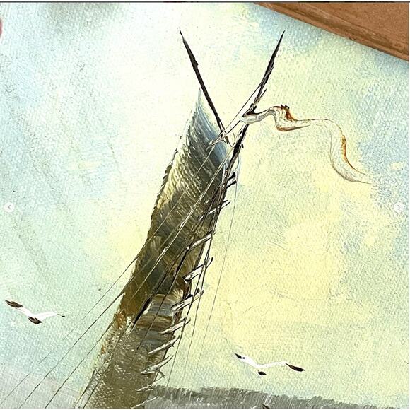 Vintage Boat Painting Canvas Signed Docked Harbor Framed Water Seascape Scenery - Picture 6 of 9